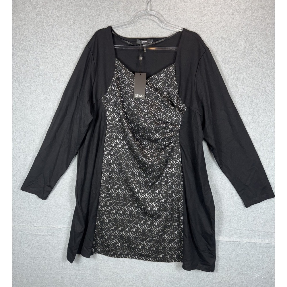 X-Two Tunic Dress Womens 18/20 Black Ecru Patterned Baylie‎ Long Sleeve Plus